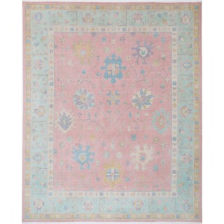 Pink & Teal Oushak Style Turkish Area Rug for Living Room. Traditional Floral 100% Wool Carpet