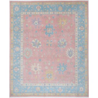 Oushak Style Pink & Blue Turkish Area Rug for Living Room. Traditional Floral 100% Wool Carpet