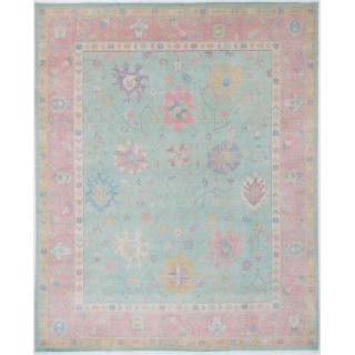 Oushak Style Teal & Pink Turkish Area Rug for Living Room. Traditional Floral 100% Wool Carpet