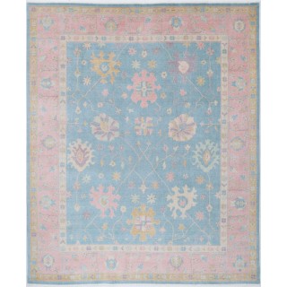 Blue & Pink Turkish Oushak Style Area Rug for Living Room. Traditional Floral 100% Wool Carpet