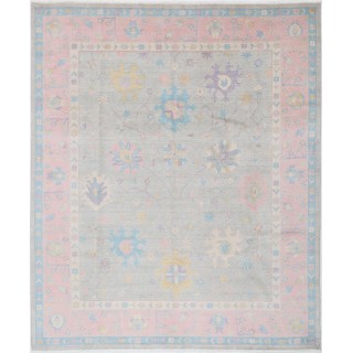 Silver & Pink Turkish Oushak Style Area Rug for Living Room. Traditional Floral 100% Wool Carpet