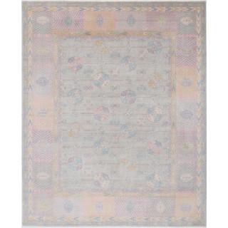 Silver & Pink Oushak Style Turkish Area Rug for Living Room. Traditional Floral 100% Wool Carpet