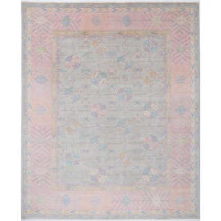 Silver & Pink Oushak Style Turkish Area Rug for Living Room. Traditional Floral 100% Wool Carpet