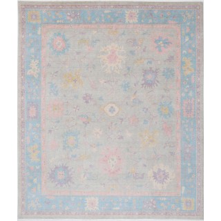 Silver & Blue Oushak Style Turkish Area Rug for Living Room. Traditional Floral 100% Wool Carpet