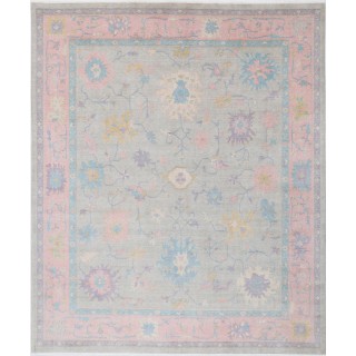 Silver & Pink Oushak Style Turkish Area Rug for Living Room. Traditional Floral 100% Wool Carpet