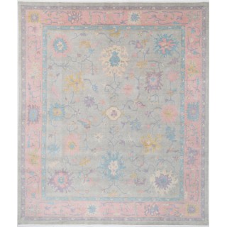 Silver & Pink Oushak Style Turkish Area Rug for Living Room. Traditional Floral 100% Wool Carpet