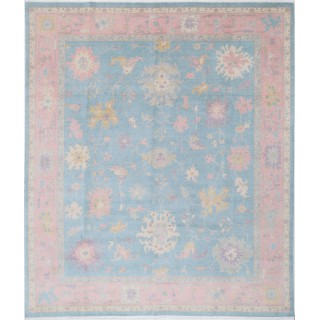 Oushak Style Blue & Pink Turkish Area Rug for Living Room. Traditional Floral 100% Wool Carpet