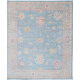 Oushak Style Blue & Pink Turkish Area Rug for Living Room. Traditional Floral 100% Wool Carpet