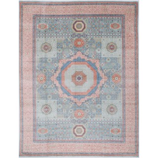 Traditional Light Blue, Pink Turkish Area Rug with Medallion. 100% Wool. Large Living Room Carpet