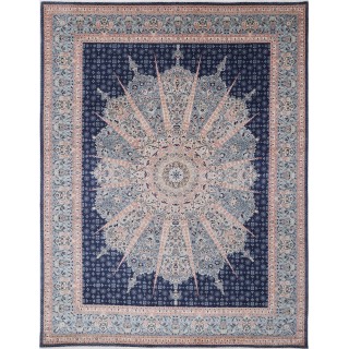 Traditional Blue Turkish Medallion Area Rug. 100% Wool. Large Living Room Carpet