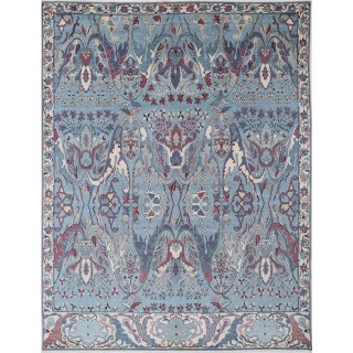 Traditional Light Blue, Ivory Turkish Area Rug with Floral Design. 100% Wool. Large Living Room Carpet