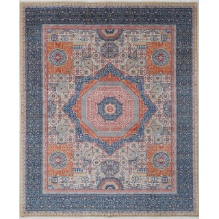 Traditional Ivory & Blue Turkish Area Rug. Medallion Design 100% Wool Carpet for Living Room, Bedroom & Dining Room