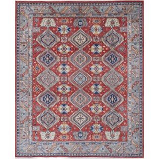 Tribal Style Red & Gray Area Rug for Living Room. Geometric 100% Wool Carpet