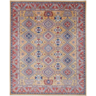 Traditional Gold & Red Ethnic Area Rug for Living Room. Geometric Patterned 100% Wool Carpet