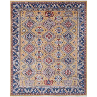 Traditional Gold & Blue Turkish Area Rug. Tribal Style 100% Wool Carpet for Living Room, Bedroom & Dining Room