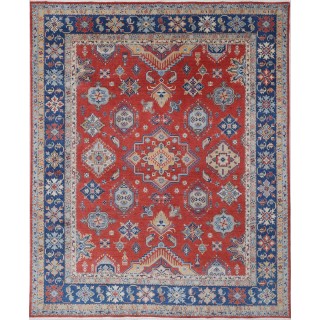 Red & Blue Turkish Area Rug for Living Room. Traditional 100% Wool Carpet with Tribal Patterns