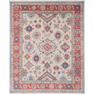 Ivory & Red Geometric Area Rug. Traditional Tribal 100% Wool Carpet for Home and Office