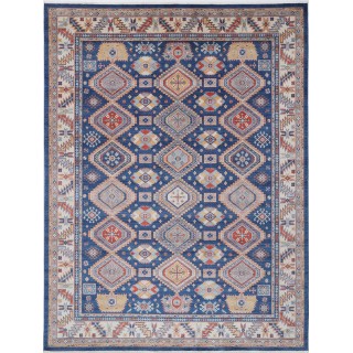Traditional Blue & Ivory Tribal Area Rug. Large 100% Wool Carpet for Living Room, Bedroom & Dining Room