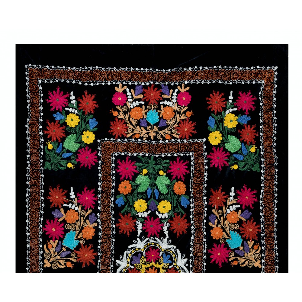 Silk Hand Embroidery Wall Hanging, Black Tapestry, Suzani Bedspread