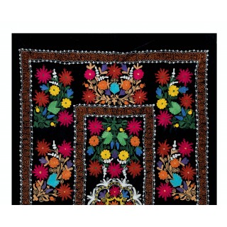 Silk Hand Embroidery Wall Hanging. Black Tapestry. Vintage Bedspread