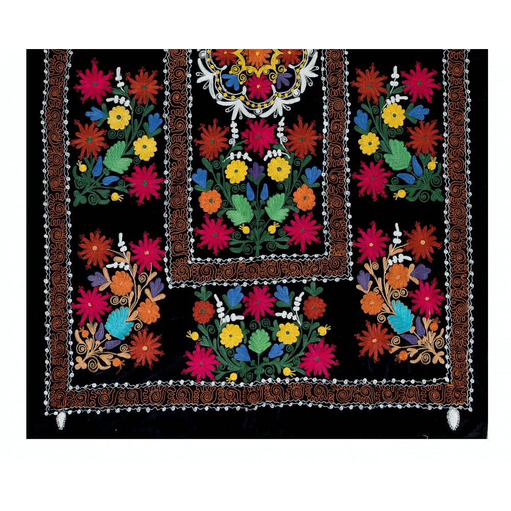 Silk Hand Embroidery Wall Hanging, Black Tapestry, Suzani Bedspread