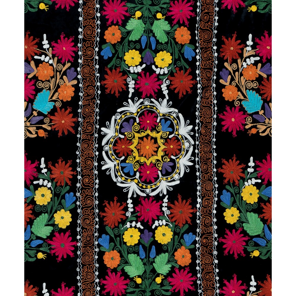 Silk Hand Embroidery Wall Hanging, Black Tapestry, Suzani Bedspread