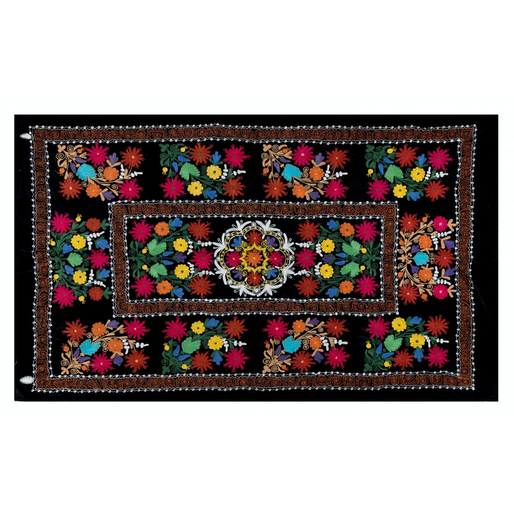 Silk Hand Embroidery Wall Hanging, Black Tapestry, Suzani Bedspread
