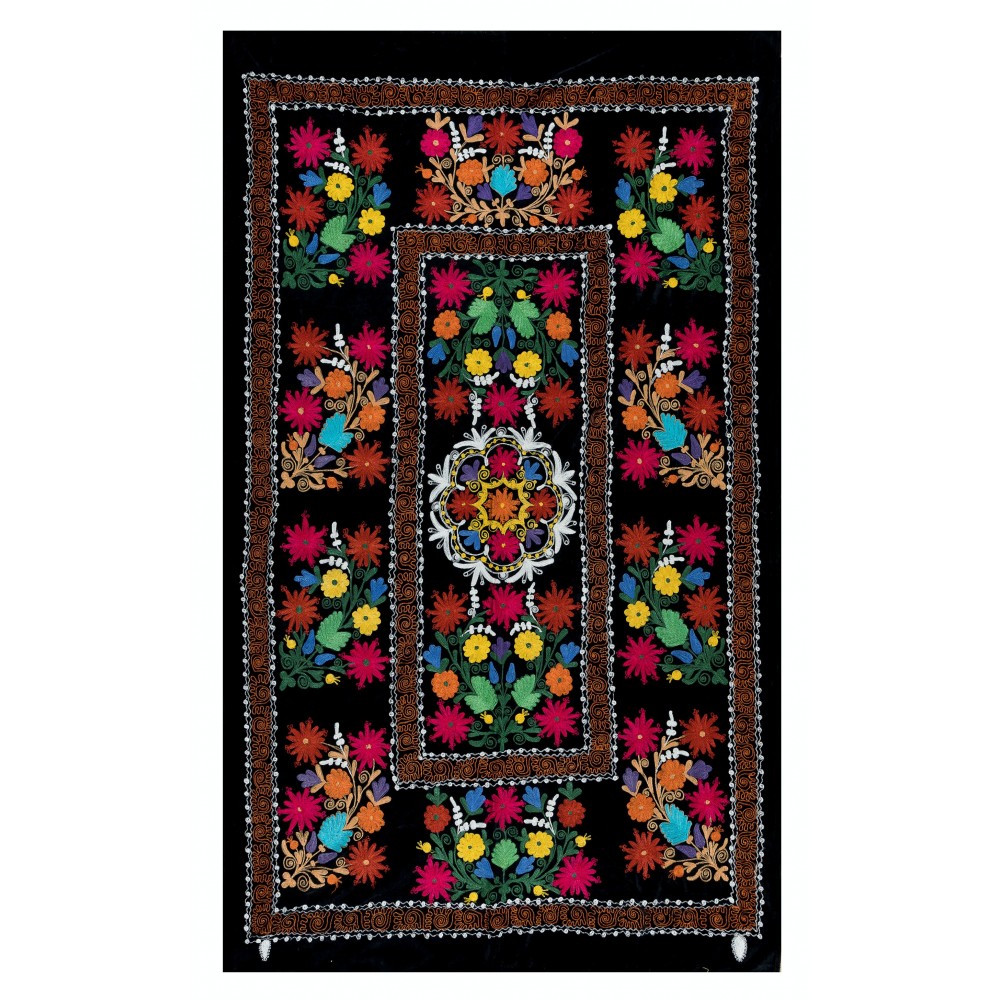 Silk Hand Embroidery Wall Hanging, Black Tapestry, Suzani Bedspread