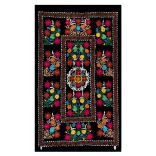 Silk Hand Embroidery Wall Hanging. Black Tapestry. Vintage Bedspread