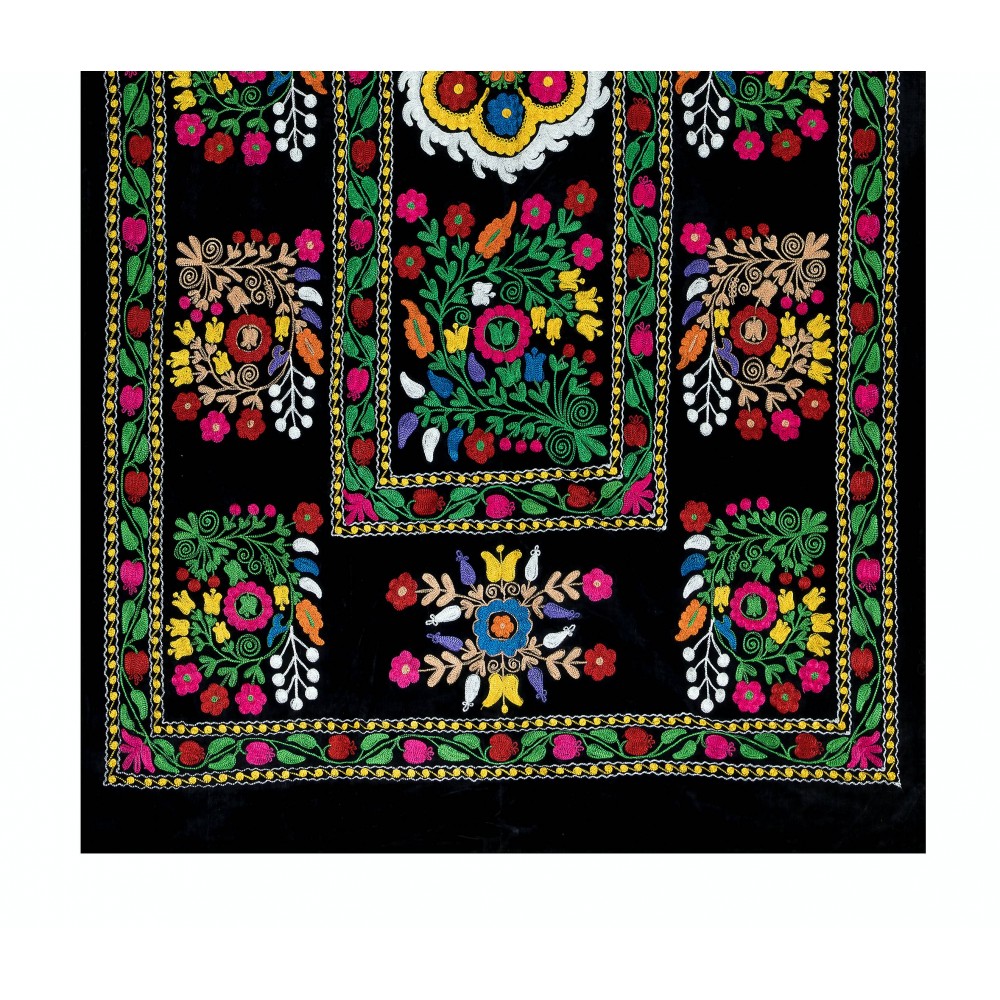 Vintage Uzbek Hand Embroidered Bed or Table Cover, Decorative Silk & Cotton Wall Hanging