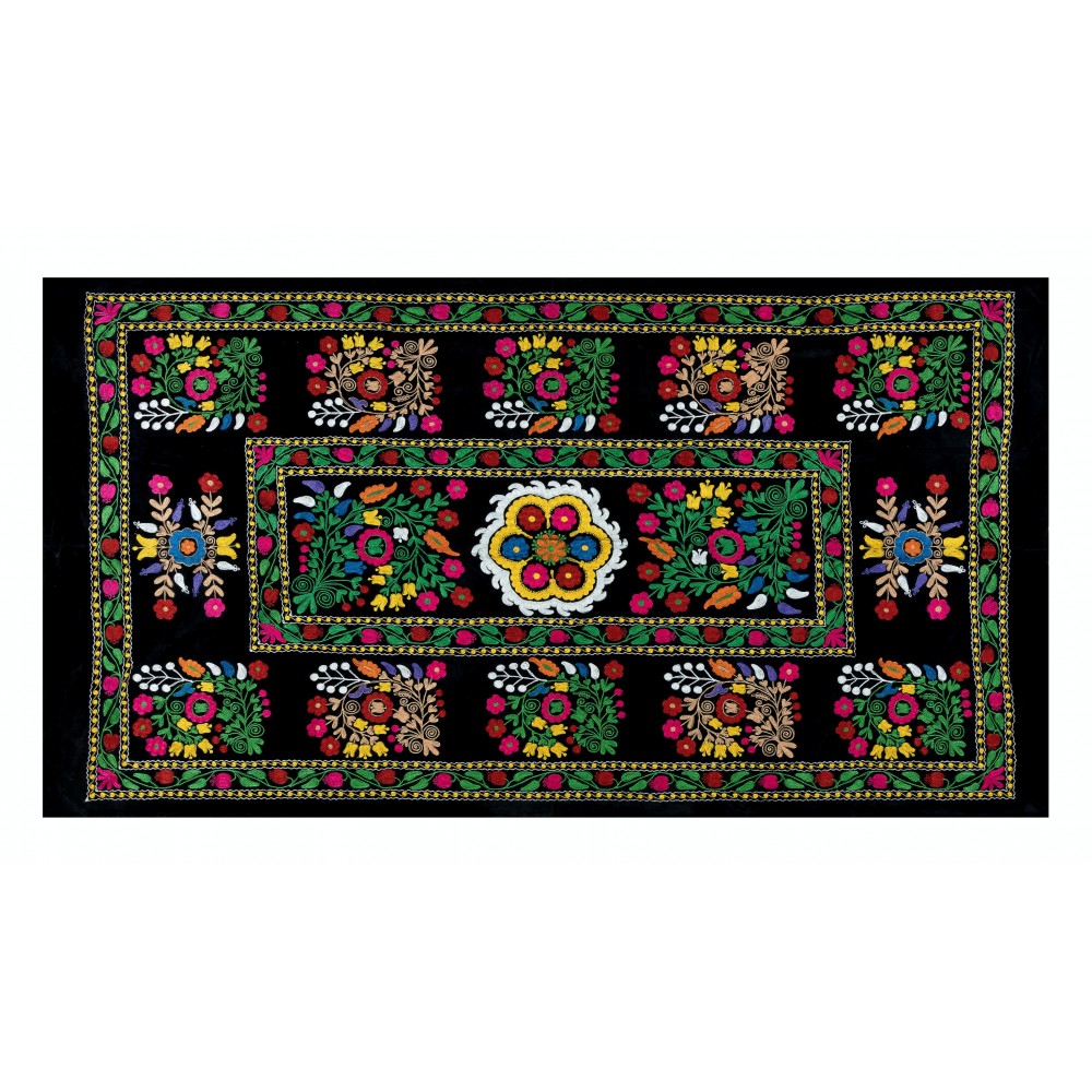 Vintage Uzbek Hand Embroidered Bed or Table Cover, Decorative Silk & Cotton Wall Hanging