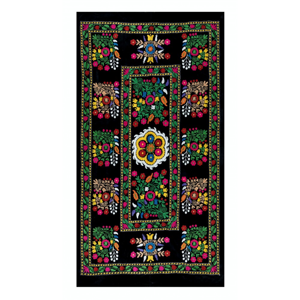 Vintage Uzbek Hand Embroidered Bed or Table Cover, Decorative Silk & Cotton Wall Hanging