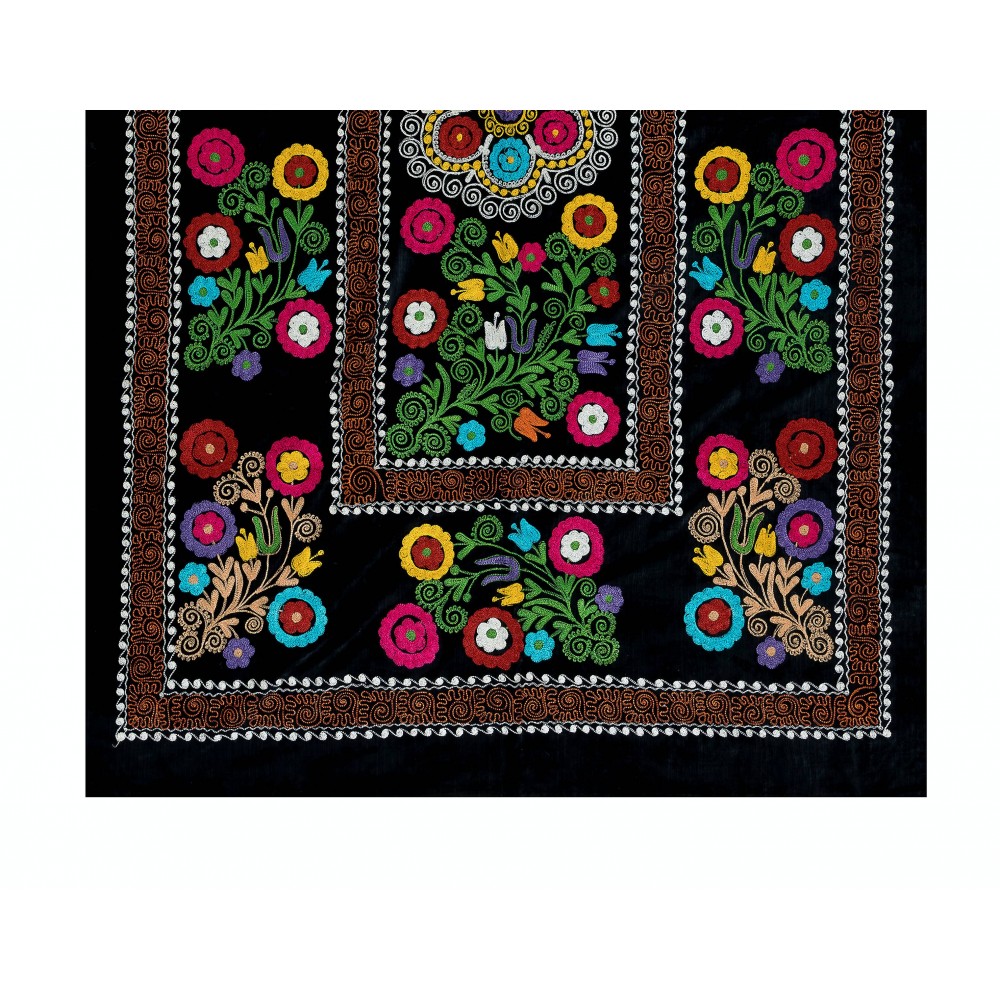 Vintage Silk Hand Embroidery Bed Cover, Central Asian Suzani Wall Hanging