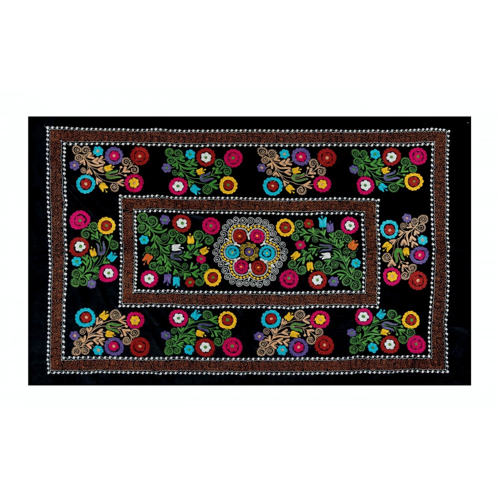 Vintage Silk Hand Embroidery Bed Cover, Central Asian Suzani Wall Hanging