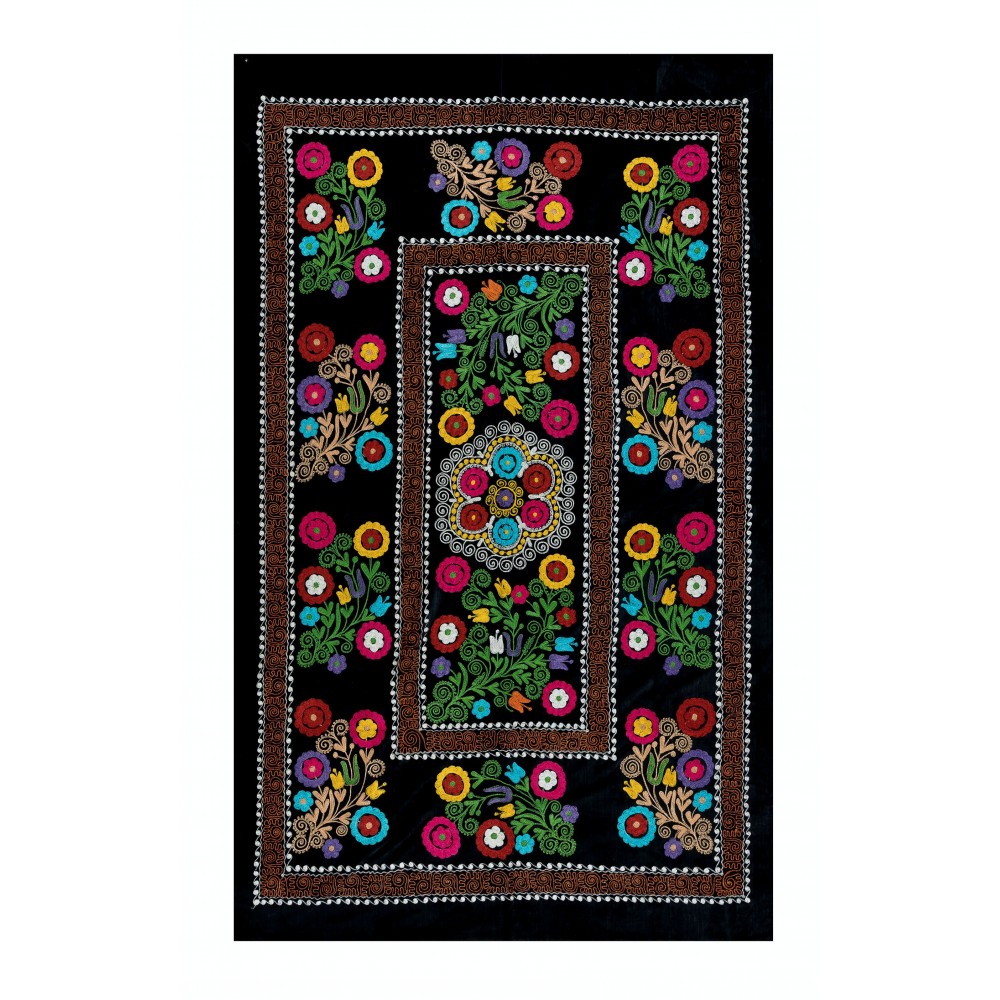 Vintage Silk Hand Embroidery Bed Cover, Central Asian Suzani Wall Hanging