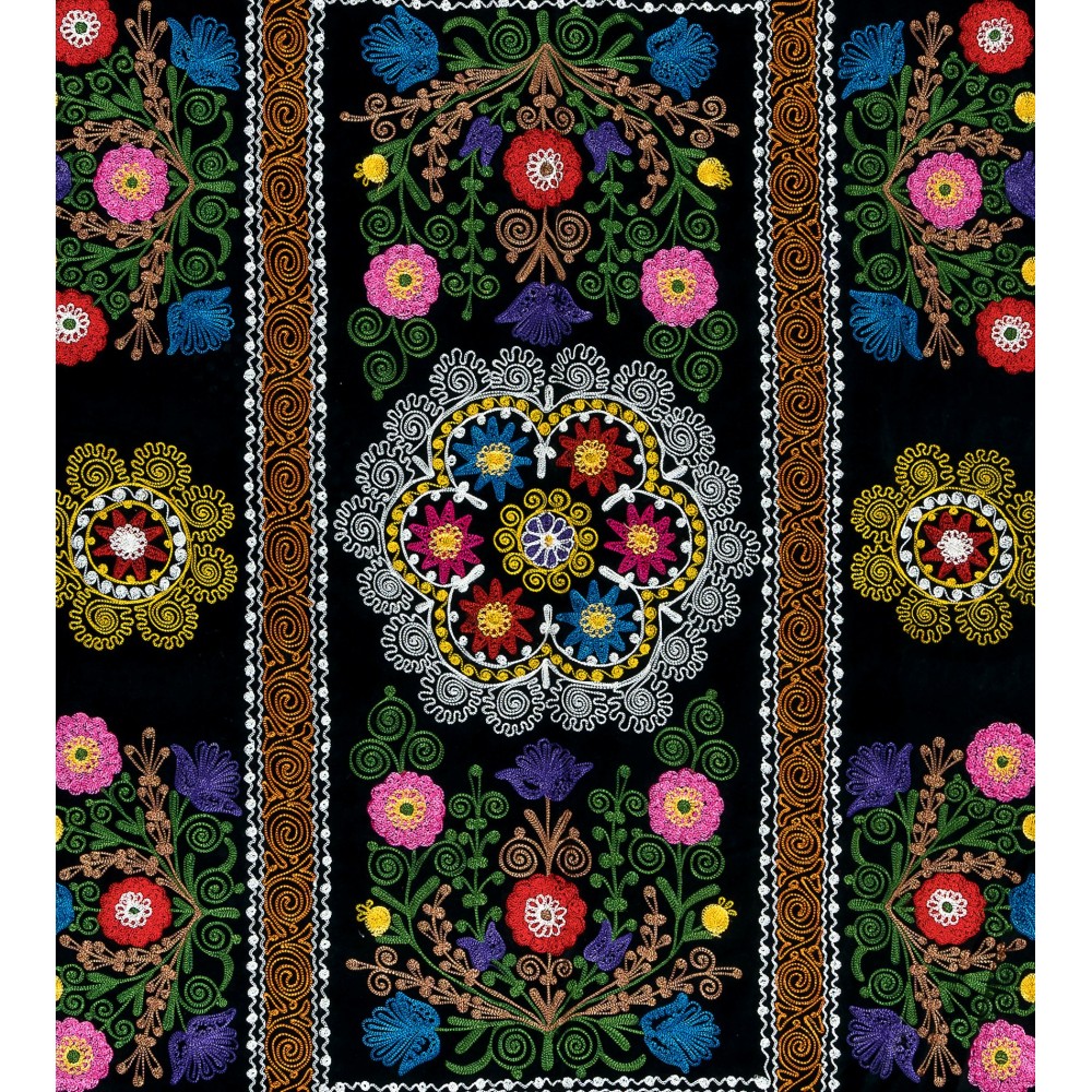 Vintage Silk Hand Embroidery Bed Cover, Central Asian Suzani Wall Hanging