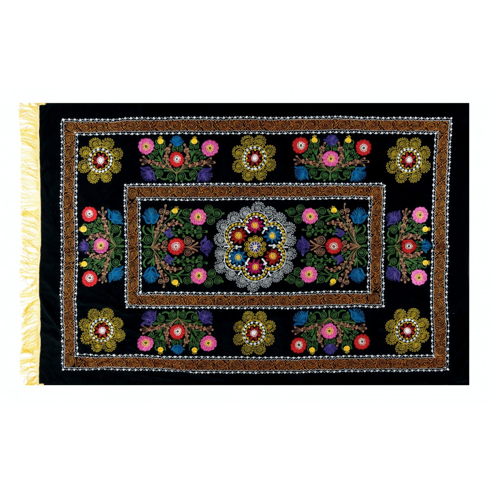 Vintage Silk Hand Embroidery Bed Cover, Central Asian Suzani Wall Hanging