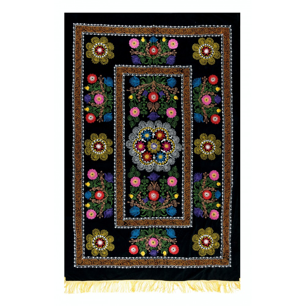 Vintage Silk Hand Embroidery Bed Cover, Central Asian Suzani Wall Hanging