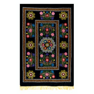 Vintage Silk Hand Embroidery Bed Cover. Traditional Suzani Textile Wall Hanging