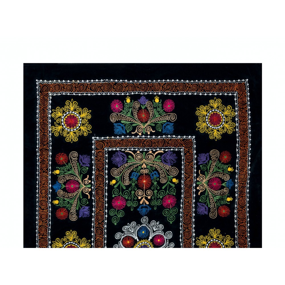 Vintage Silk Embroidered Bed Cover, Black Handmade Wall Hanging