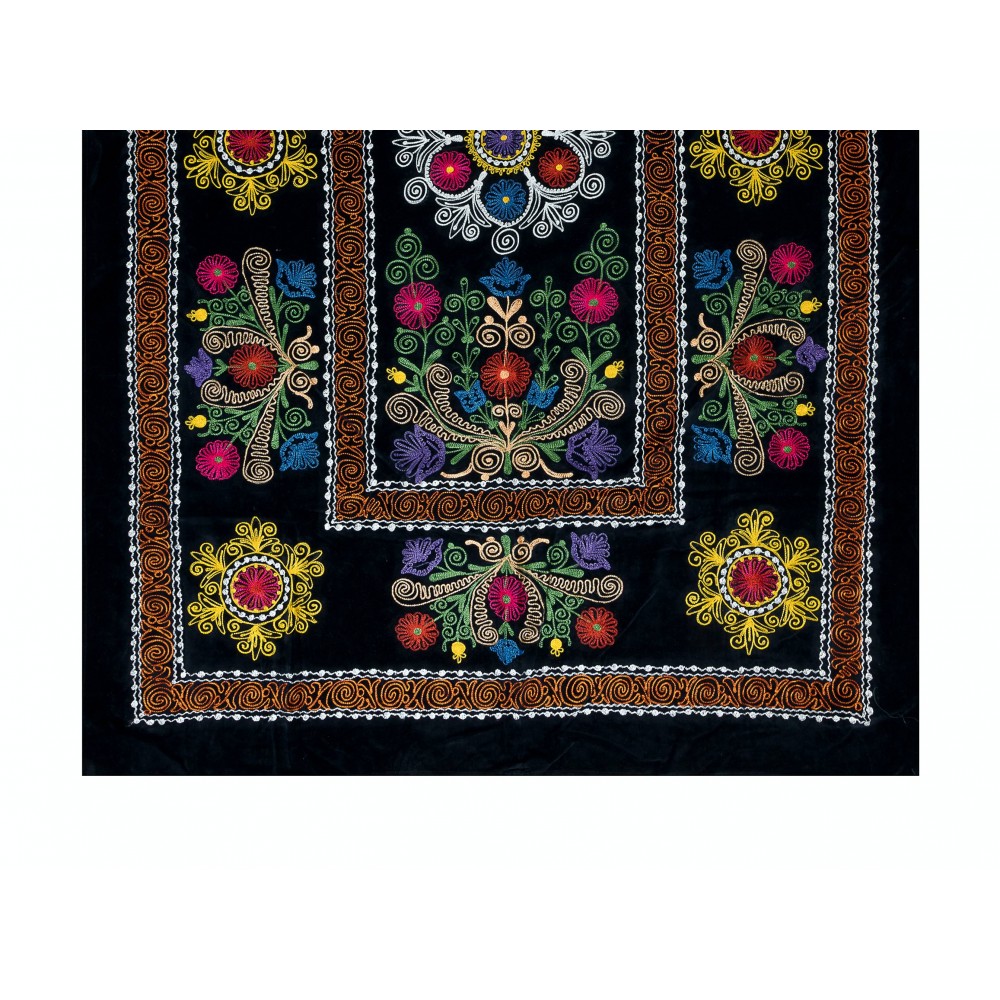 Vintage Silk Embroidered Bed Cover, Black Handmade Wall Hanging