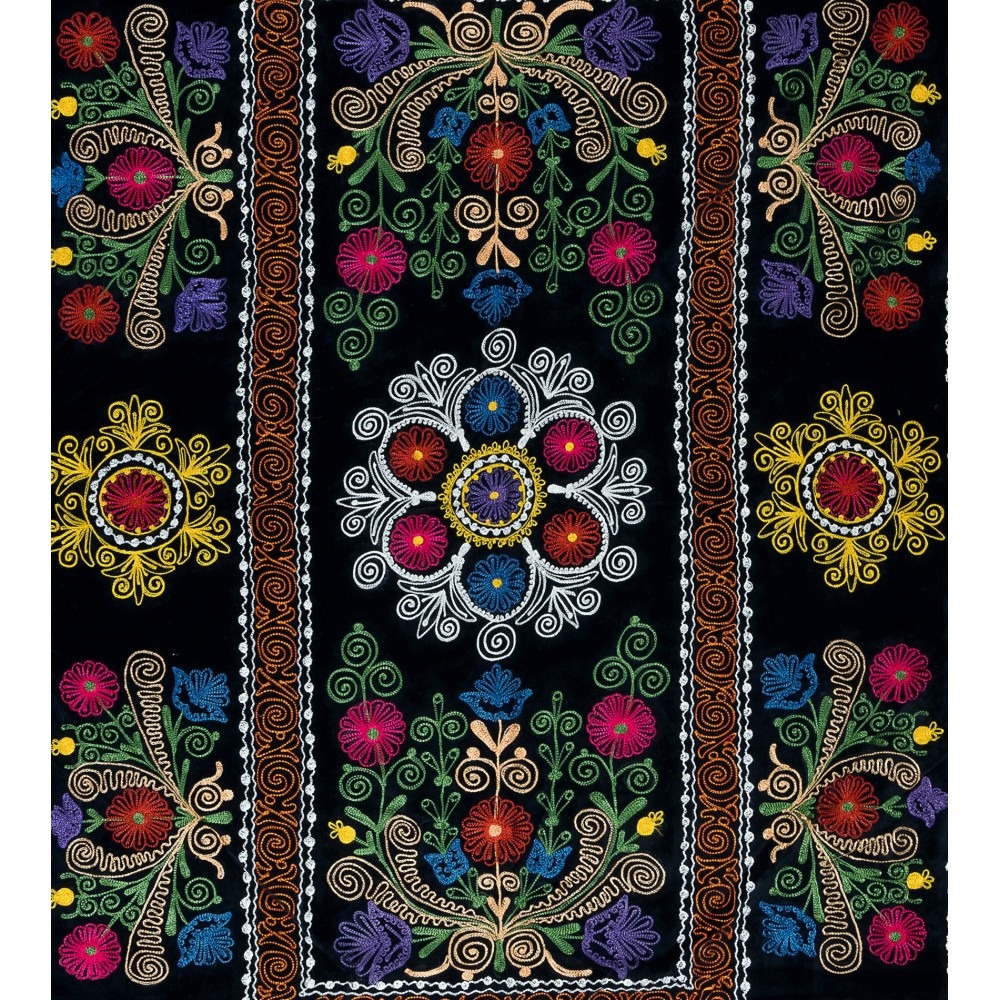 Vintage Silk Embroidered Bed Cover, Black Handmade Wall Hanging