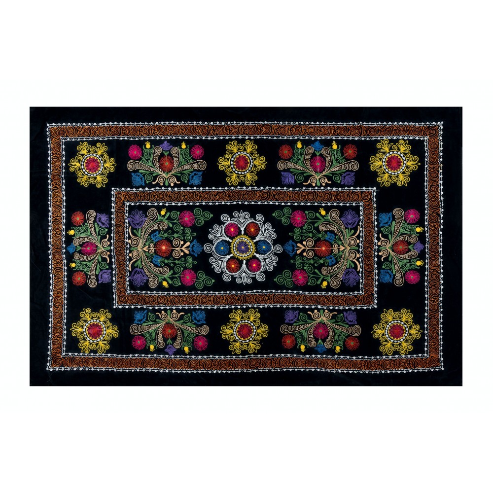 Vintage Silk Embroidered Bed Cover, Black Handmade Wall Hanging
