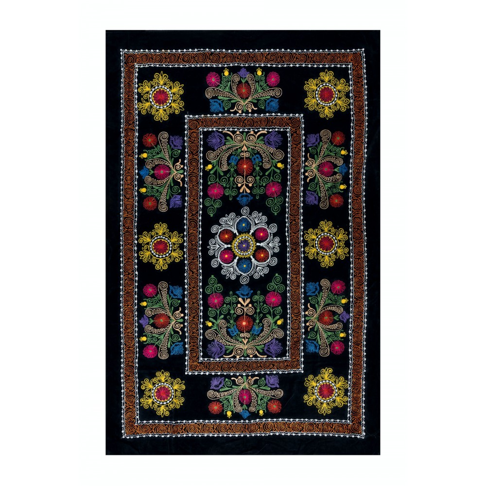 Vintage Silk Embroidered Bed Cover, Black Handmade Wall Hanging