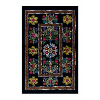 Vintage Silk Embroidered Bed Cover. Black Handmade Wall Hanging