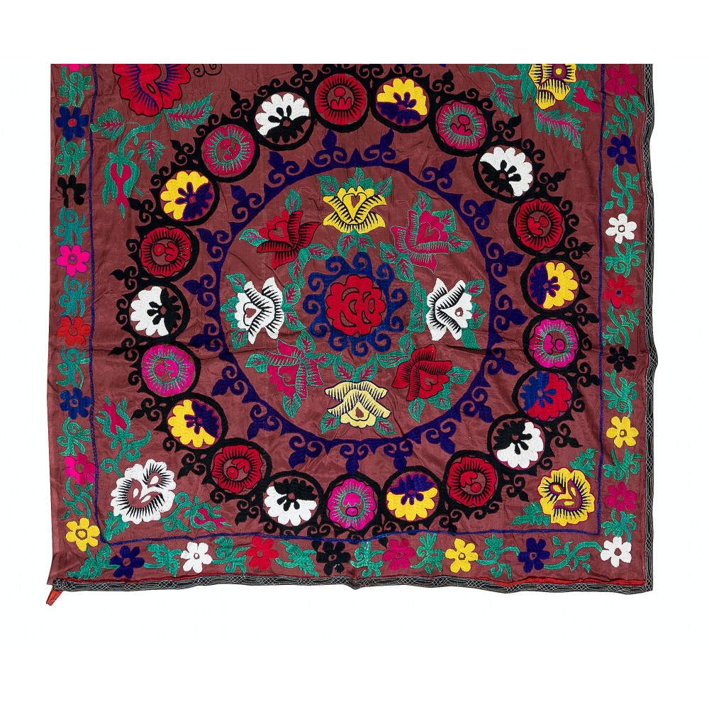 Vintage Silk Hand Embroidery Bed Cover, Decorative Suzani Wall Hanging from Uzbekistan