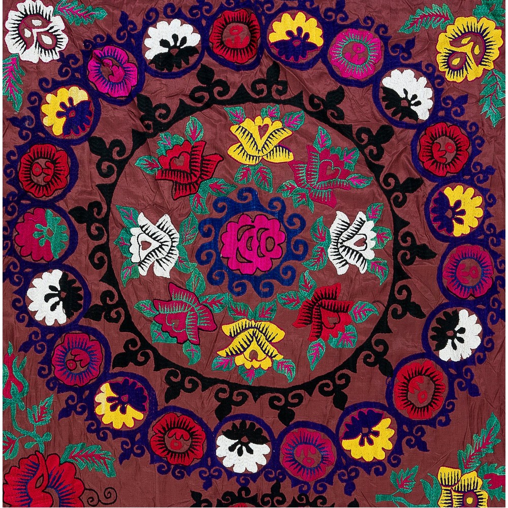 Vintage Silk Hand Embroidery Bed Cover, Decorative Suzani Wall Hanging from Uzbekistan