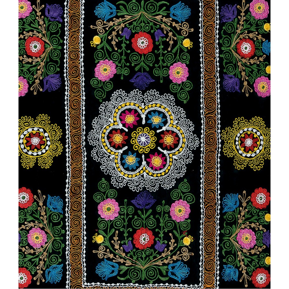 Vintage Silk Hand Embroidery Bed Cover, Central Asian Suzani Wall Hanging