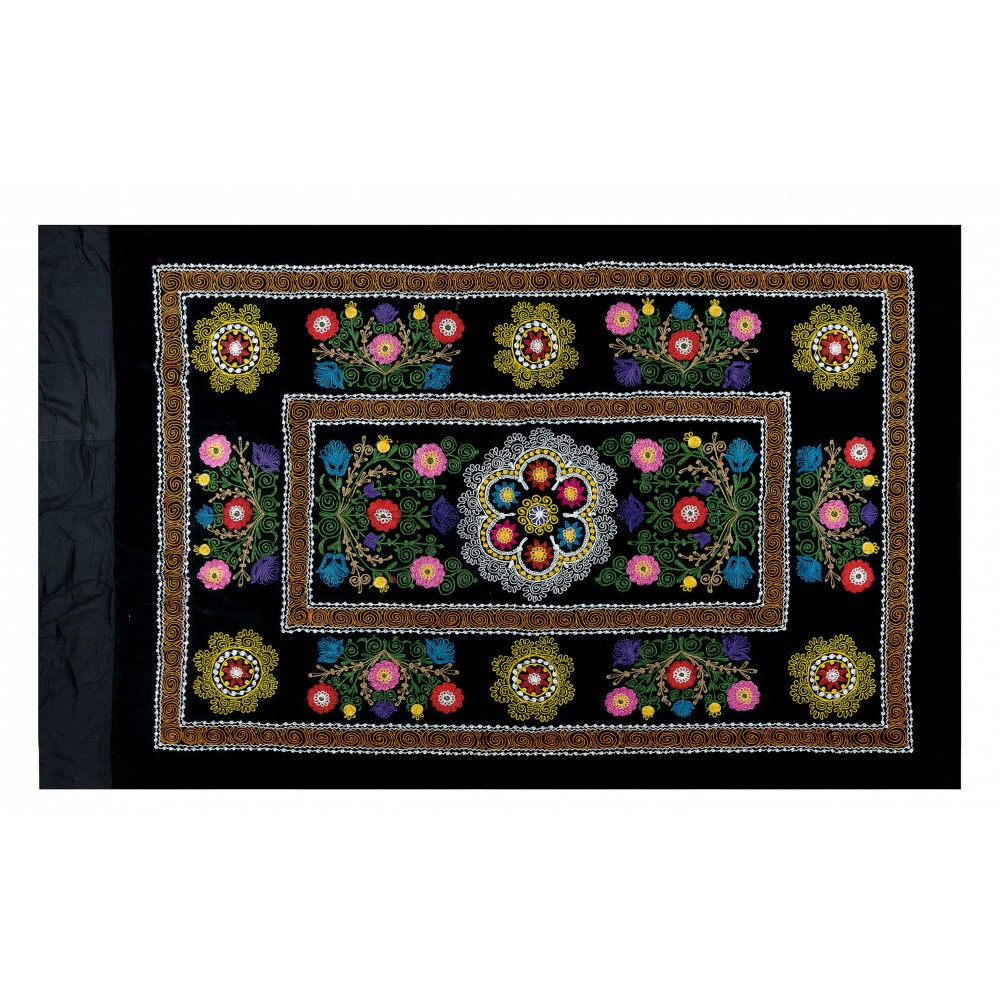 Vintage Silk Hand Embroidery Bed Cover, Central Asian Suzani Wall Hanging