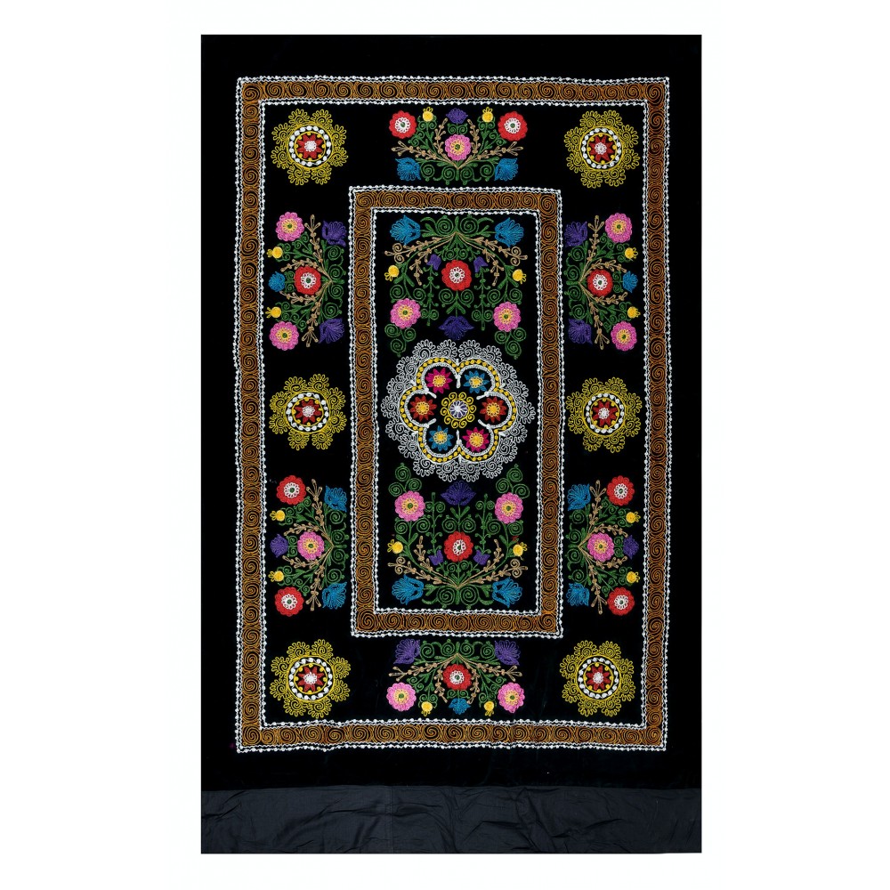 Vintage Silk Hand Embroidery Bed Cover, Central Asian Suzani Wall Hanging